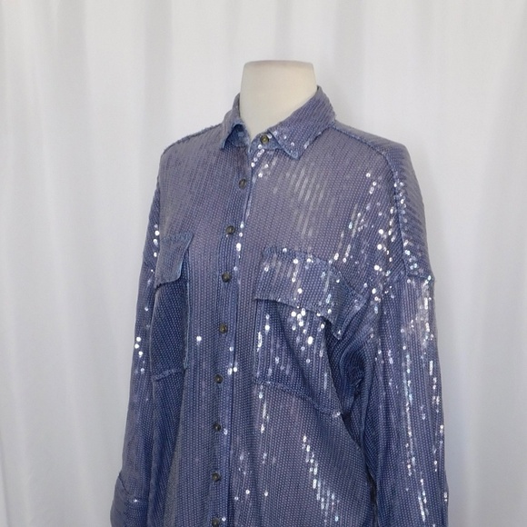 Anthropologie PILCRO Long-Sleeve Oversized Sequin Buttondown Blue Button Up XS - Picture 8 of 16